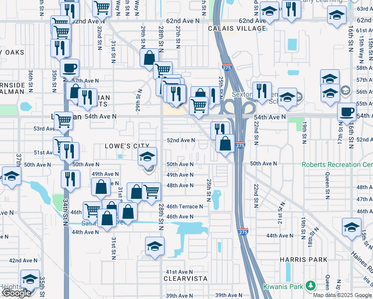 map of restaurants, bars, coffee shops, grocery stores, and more near 2604 52nd Avenue North in St. Petersburg