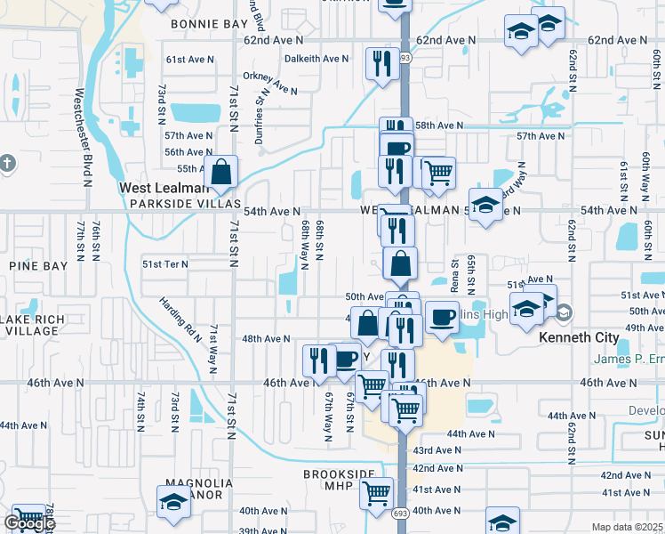map of restaurants, bars, coffee shops, grocery stores, and more near 5197 68th Street North in St. Petersburg