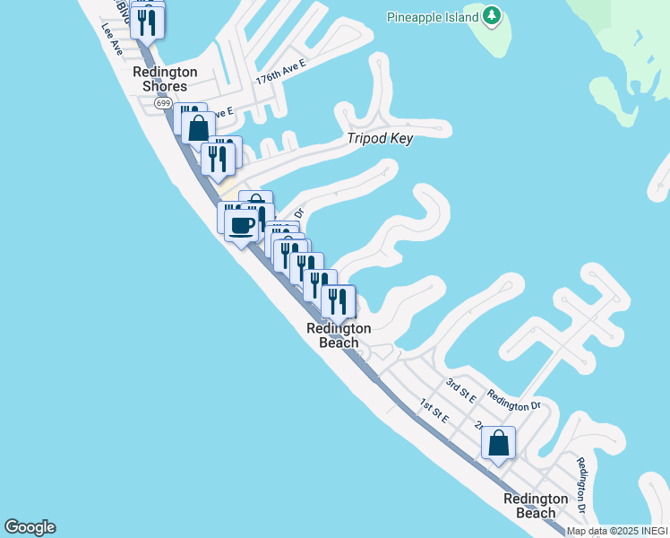 map of restaurants, bars, coffee shops, grocery stores, and more near 186 Bath Club Boulevard North in North Redington Beach