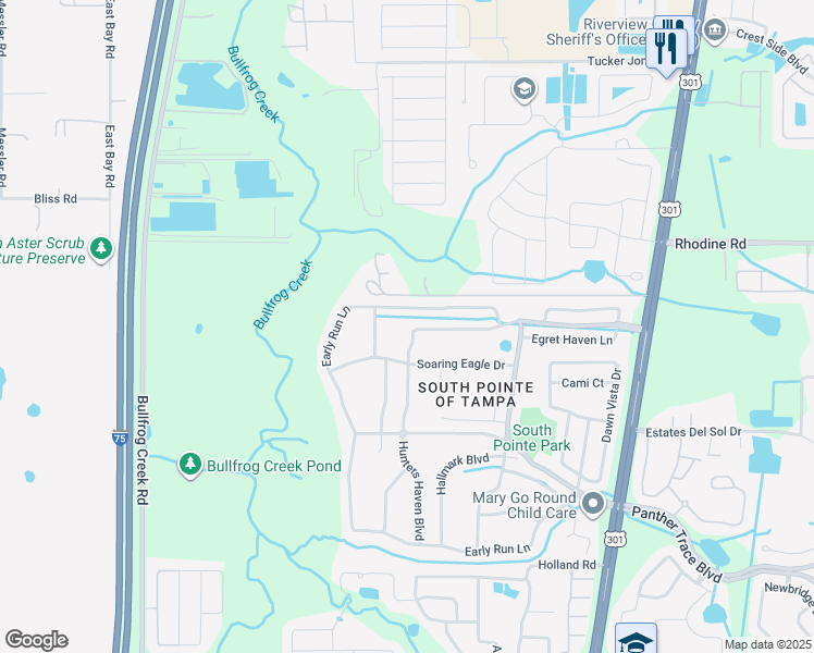 map of restaurants, bars, coffee shops, grocery stores, and more near 13219 Early Run Lane in Riverview