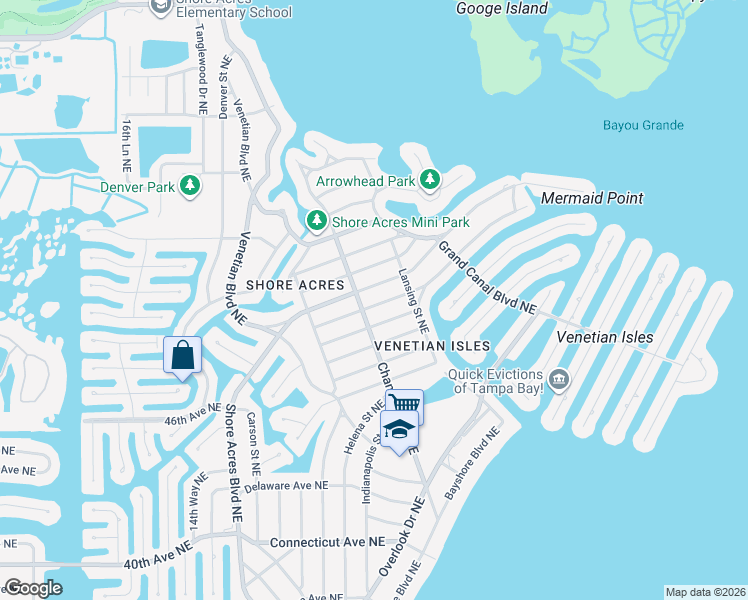 map of restaurants, bars, coffee shops, grocery stores, and more near 1810 Shore Acres Boulevard Northeast in St. Petersburg