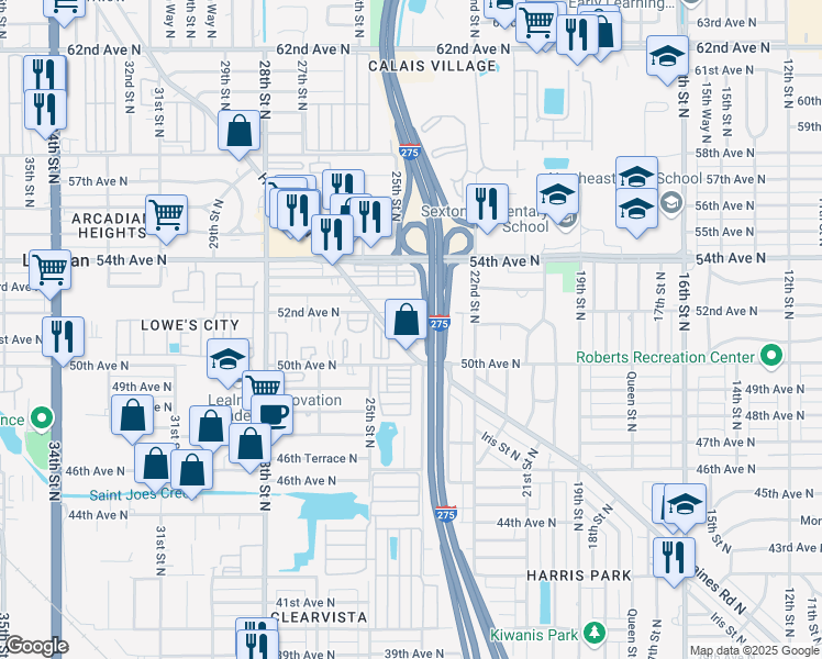 map of restaurants, bars, coffee shops, grocery stores, and more near 2401 51st Avenue North in St. Petersburg