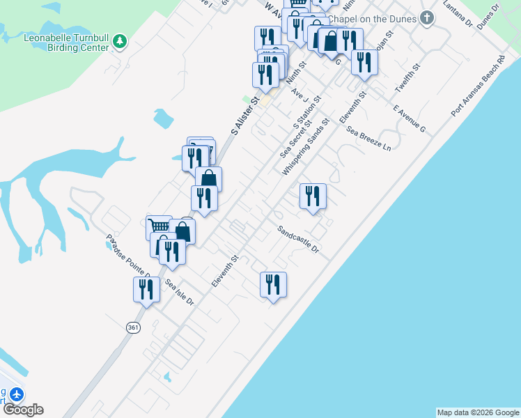 map of restaurants, bars, coffee shops, grocery stores, and more near 1606 Eleventh Street in Port Aransas