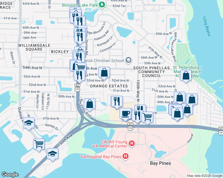 map of restaurants, bars, coffee shops, grocery stores, and more near 5138 103rd Street North in St. Petersburg