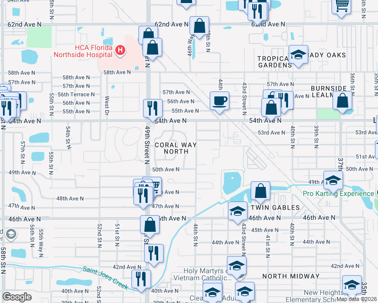 map of restaurants, bars, coffee shops, grocery stores, and more near 5151 Flamingo Drive North in St. Petersburg