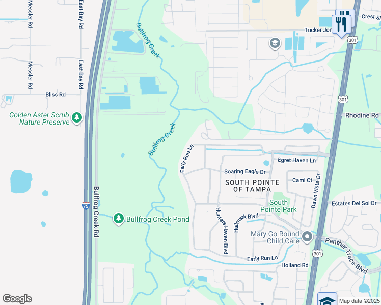 map of restaurants, bars, coffee shops, grocery stores, and more near 13129 Early Run Lane in Riverview