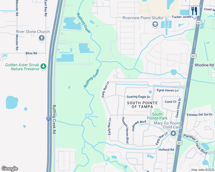 map of restaurants, bars, coffee shops, grocery stores, and more near 13129 Early Run Lane in Riverview