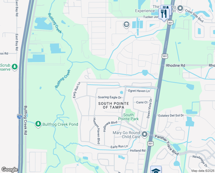 map of restaurants, bars, coffee shops, grocery stores, and more near 10438 Hunters Haven Boulevard in Riverview