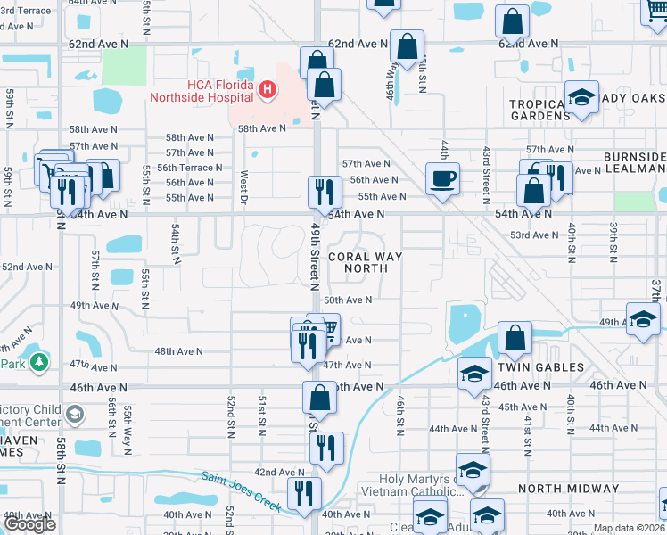 map of restaurants, bars, coffee shops, grocery stores, and more near 5171 Coral Way North in Saint Petersburg