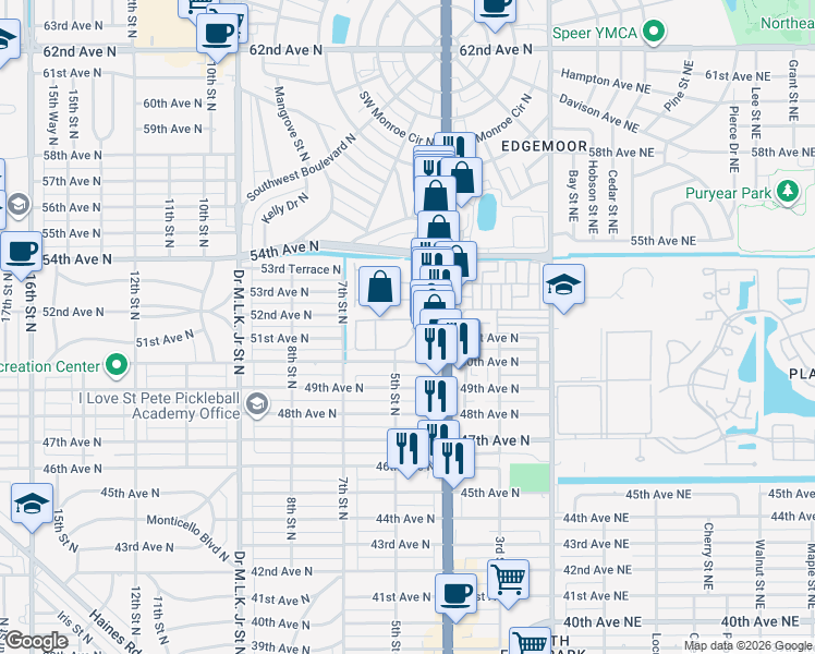 map of restaurants, bars, coffee shops, grocery stores, and more near 5159 5th Way North in St. Petersburg