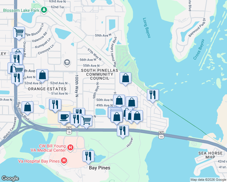 map of restaurants, bars, coffee shops, grocery stores, and more near 9712 52nd Avenue North in Saint Petersburg