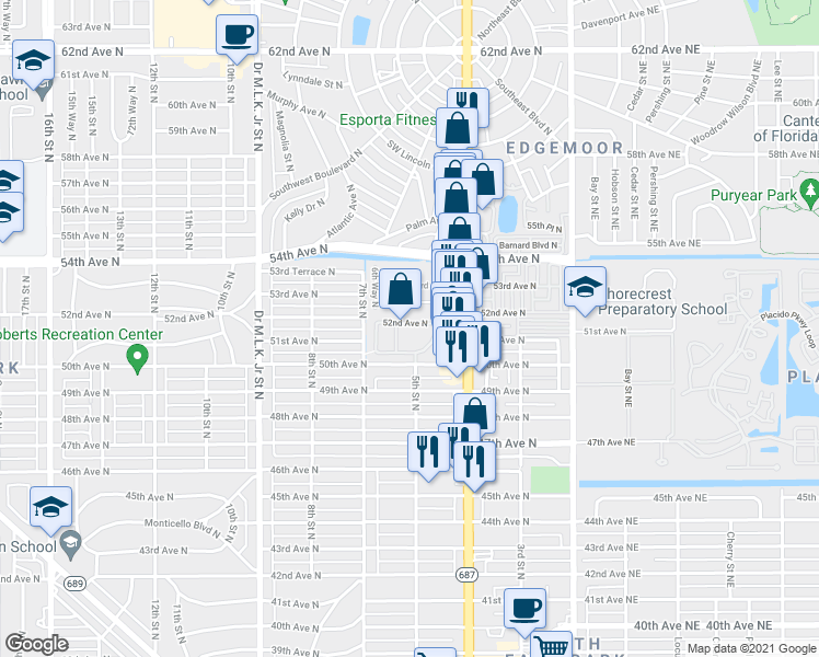 map of restaurants, bars, coffee shops, grocery stores, and more near 582 52nd Ave N in St Petersburg