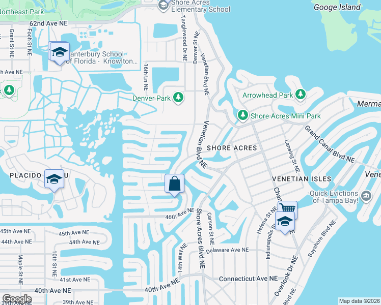 map of restaurants, bars, coffee shops, grocery stores, and more near 5200 Venetian Boulevard Northeast in St. Petersburg