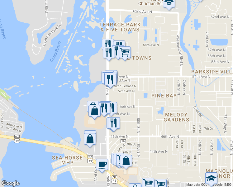 map of restaurants, bars, coffee shops, grocery stores, and more near 5151 Park Street North in Saint Petersburg