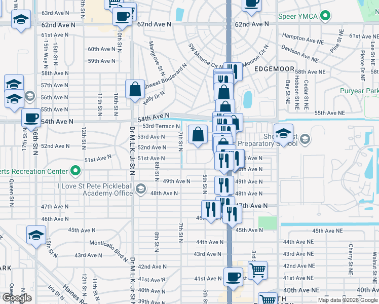 map of restaurants, bars, coffee shops, grocery stores, and more near 5194 6th Way North in St. Petersburg
