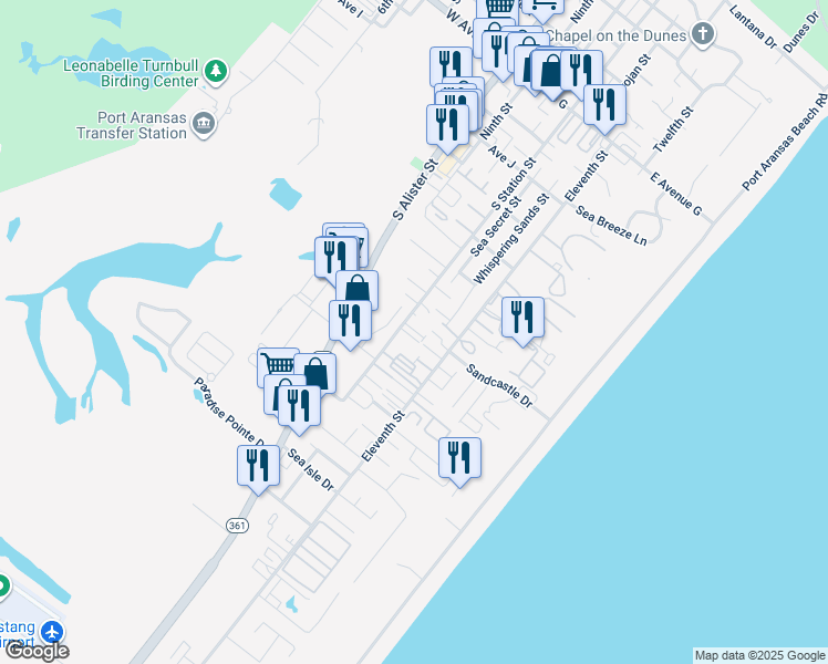 map of restaurants, bars, coffee shops, grocery stores, and more near 1701 South Station Street in Port Aransas
