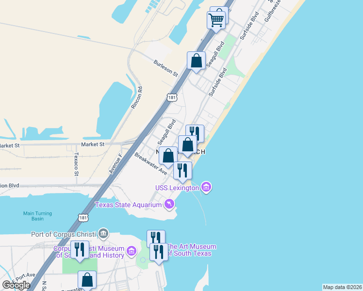 map of restaurants, bars, coffee shops, grocery stores, and more near 3117 Surfside Boulevard in Corpus Christi