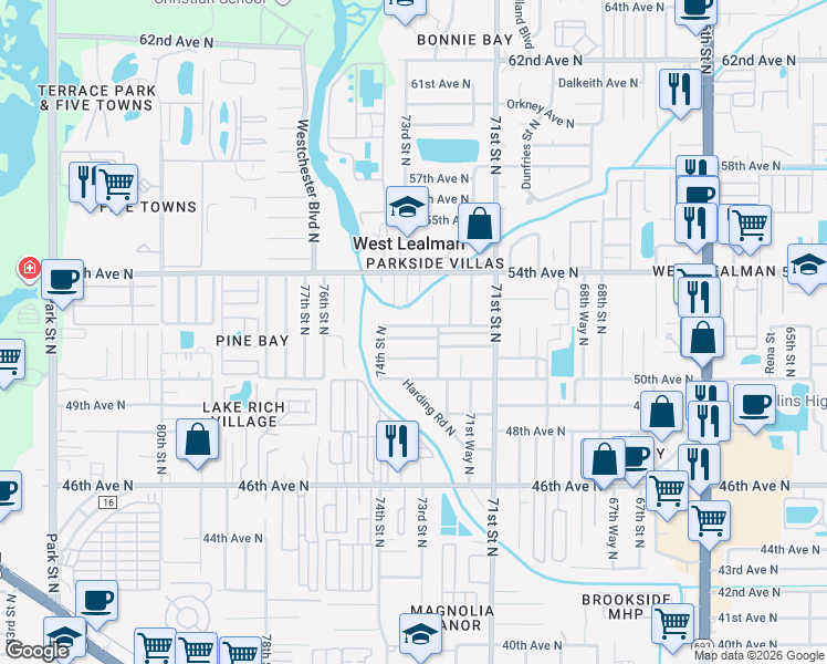 map of restaurants, bars, coffee shops, grocery stores, and more near 7211 51st Terrace North in St. Petersburg