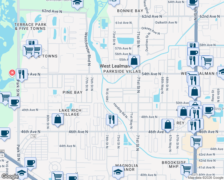map of restaurants, bars, coffee shops, grocery stores, and more near 7211 51st Terrace North in St. Petersburg