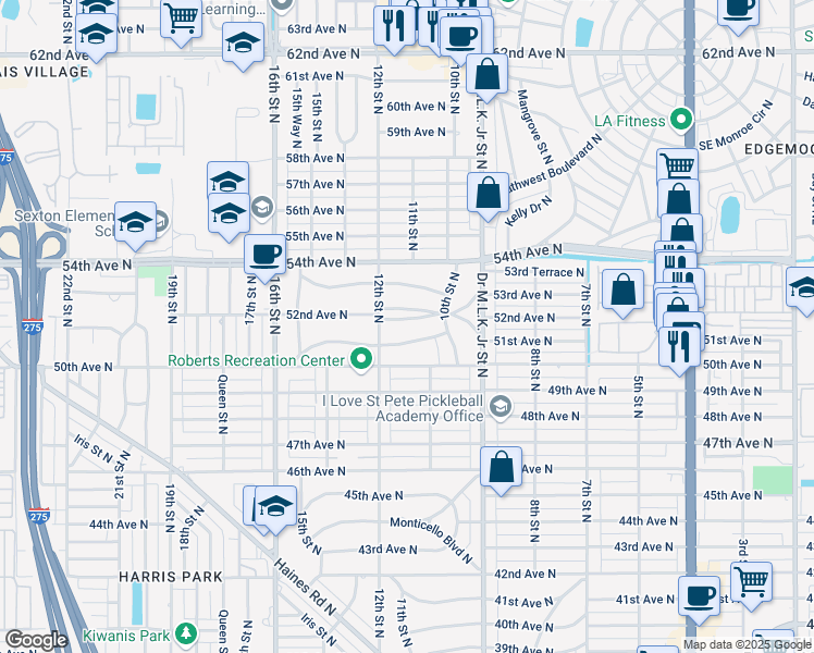 map of restaurants, bars, coffee shops, grocery stores, and more near 1120 52nd Avenue North in St. Petersburg