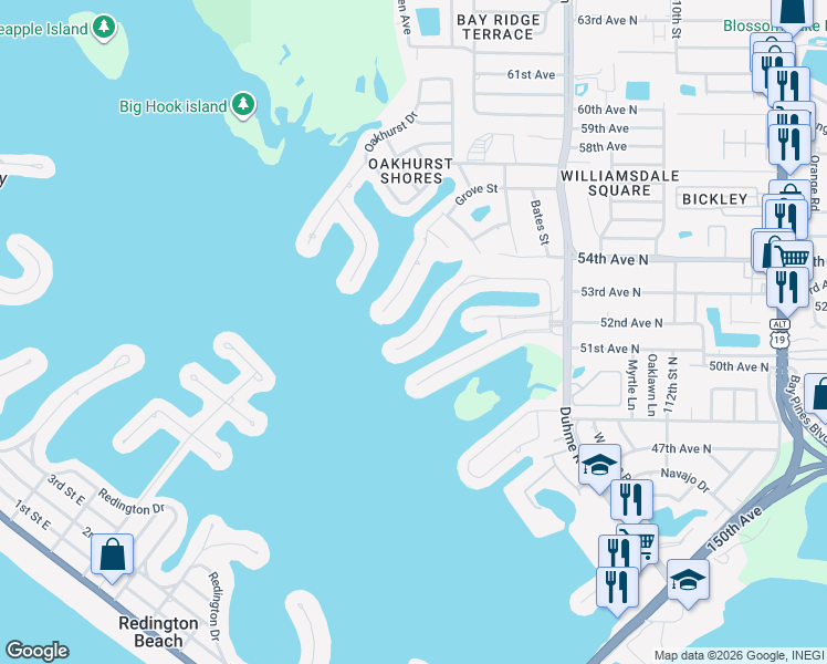 map of restaurants, bars, coffee shops, grocery stores, and more near 587 Boca Ciega Point Boulevard North in St. Petersburg