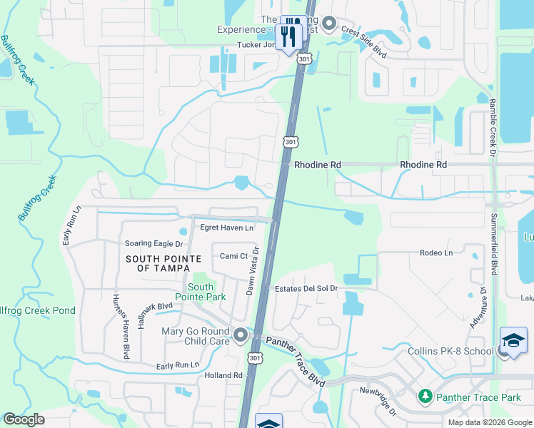 map of restaurants, bars, coffee shops, grocery stores, and more near 10606 Hunters Haven Boulevard in Riverview