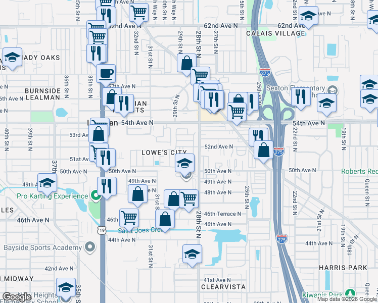 map of restaurants, bars, coffee shops, grocery stores, and more near 5200 28th Street North in St. Petersburg