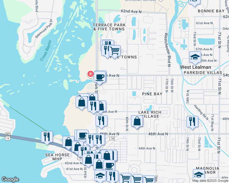 map of restaurants, bars, coffee shops, grocery stores, and more near 5180 81st Street North in Saint Petersburg