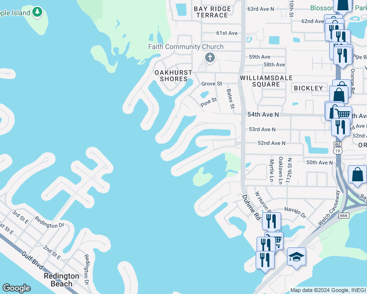 map of restaurants, bars, coffee shops, grocery stores, and more near 590 Boca Ciega Point Boulevard North in Saint Petersburg