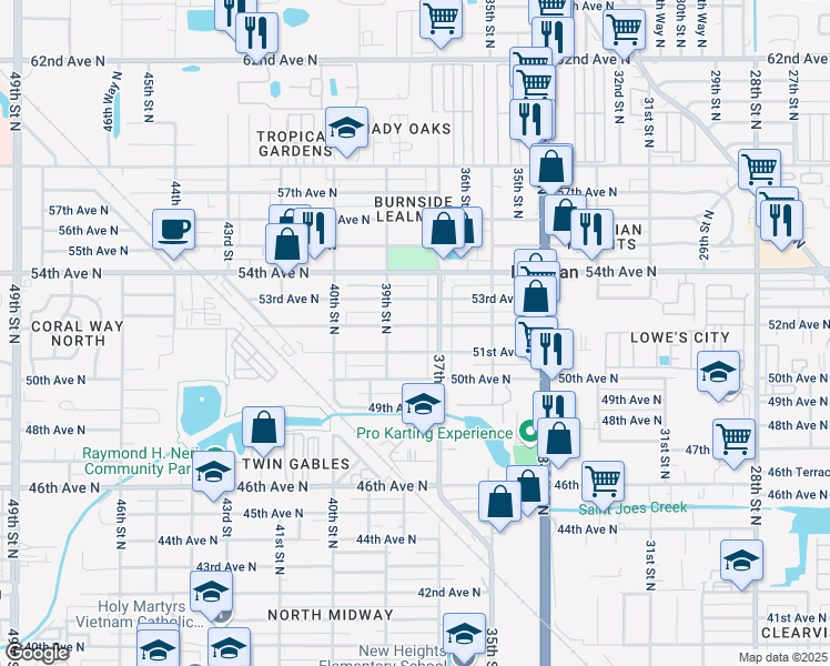 map of restaurants, bars, coffee shops, grocery stores, and more near 3780 52nd Avenue North in Lealman