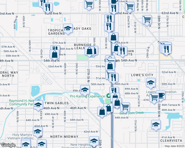 map of restaurants, bars, coffee shops, grocery stores, and more near 3670 52nd Ave N in St Petersburg