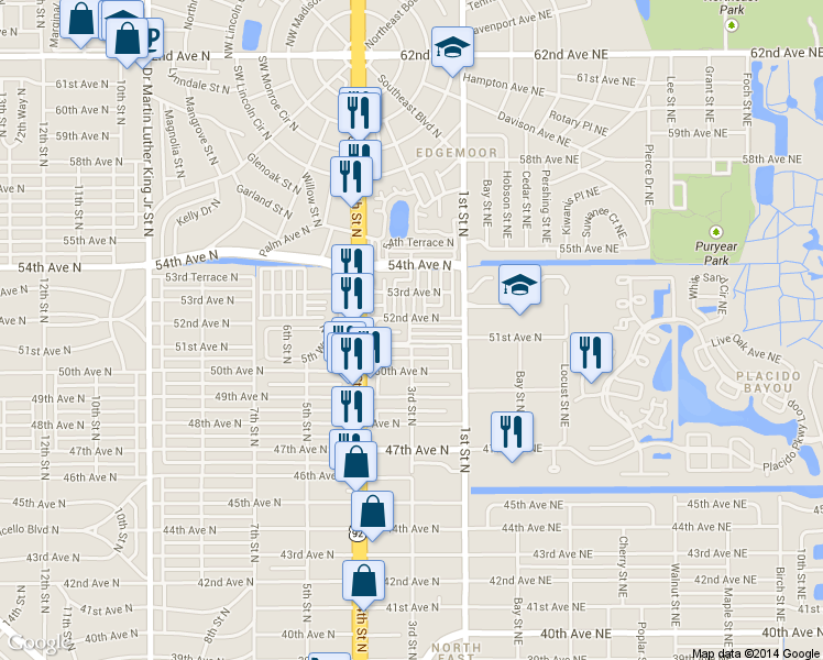map of restaurants, bars, coffee shops, grocery stores, and more near 5151 4th Street North in St. Petersburg