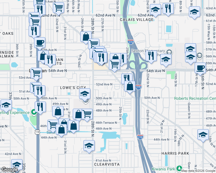 map of restaurants, bars, coffee shops, grocery stores, and more near 2604 52nd Avenue North in St. Petersburg