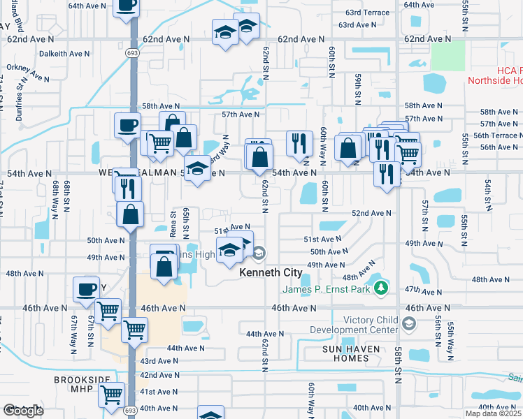 map of restaurants, bars, coffee shops, grocery stores, and more near 6201 51st Terrace North in St. Petersburg