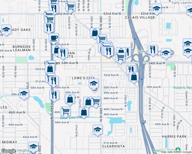 map of restaurants, bars, coffee shops, grocery stores, and more near 5200 28th Street North in St. Petersburg