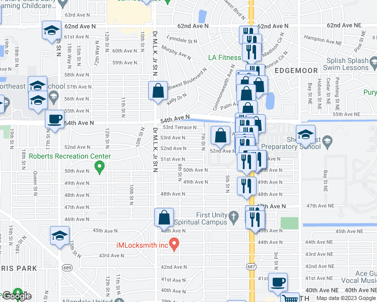 map of restaurants, bars, coffee shops, grocery stores, and more near 750 52nd Avenue North in Saint Petersburg