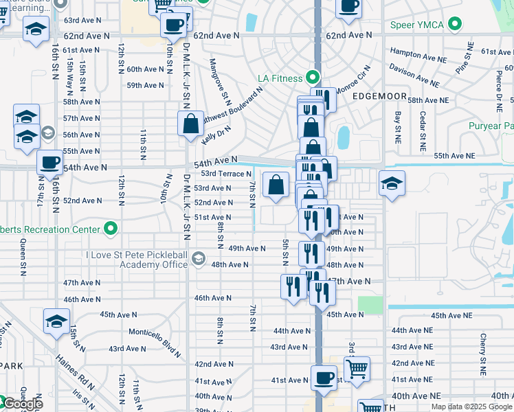 map of restaurants, bars, coffee shops, grocery stores, and more near 5194 6th Way North in St. Petersburg