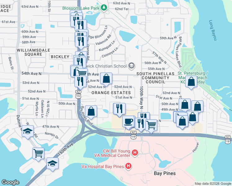 map of restaurants, bars, coffee shops, grocery stores, and more near 5138 103rd Street North in St. Petersburg
