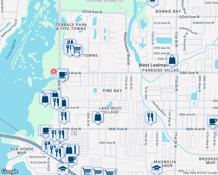 map of restaurants, bars, coffee shops, grocery stores, and more near 7880 54th Avenue North in St. Petersburg