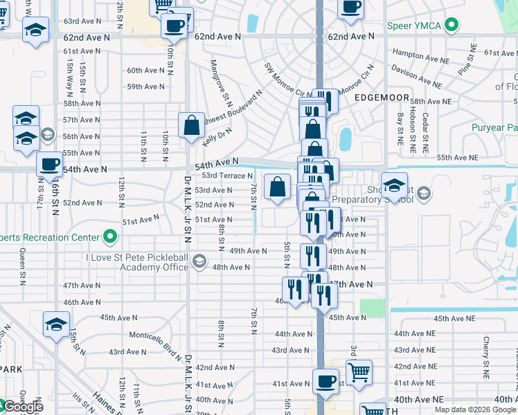 map of restaurants, bars, coffee shops, grocery stores, and more near 5196 6th Way North in St. Petersburg