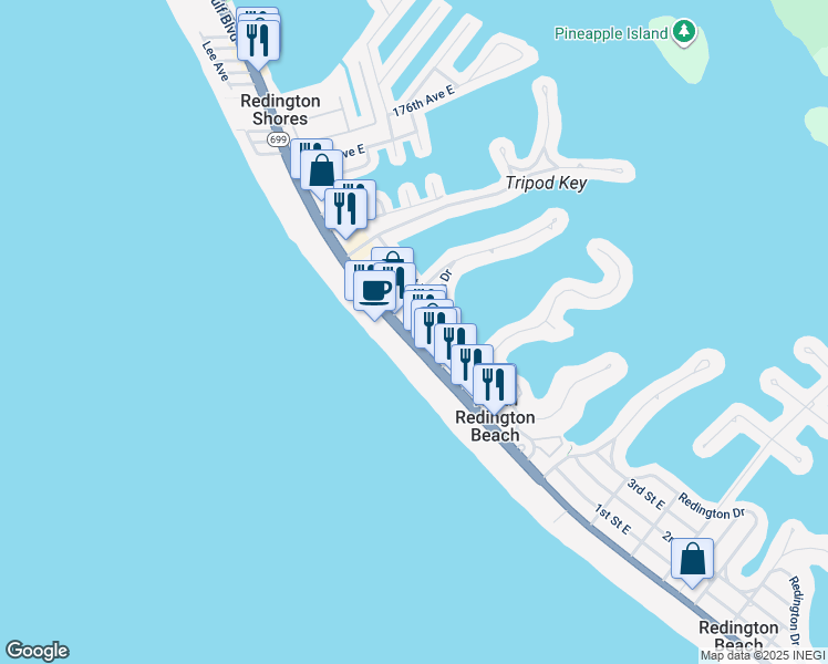 map of restaurants, bars, coffee shops, grocery stores, and more near 17005 Gulf Boulevard in North Redington Beach