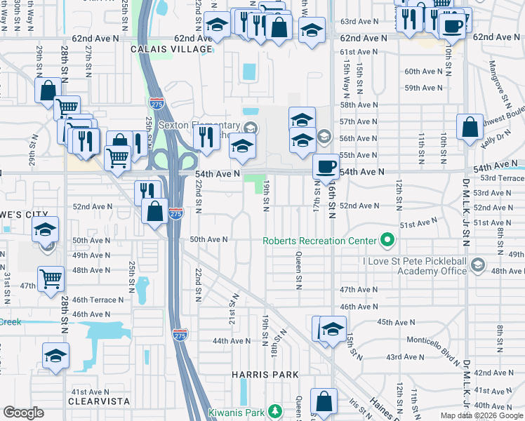 map of restaurants, bars, coffee shops, grocery stores, and more near 5124 19th Street North in St. Petersburg