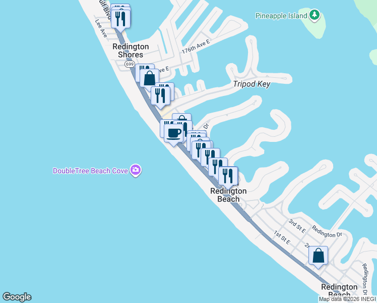 map of restaurants, bars, coffee shops, grocery stores, and more near 17005 Gulf Boulevard in North Redington Beach