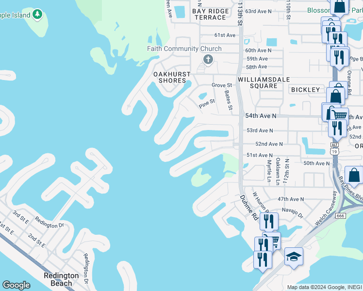 map of restaurants, bars, coffee shops, grocery stores, and more near 590 Boca Ciega Point Boulevard North in Saint Petersburg