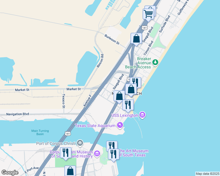 map of restaurants, bars, coffee shops, grocery stores, and more near 3001 Seagull Boulevard in Corpus Christi