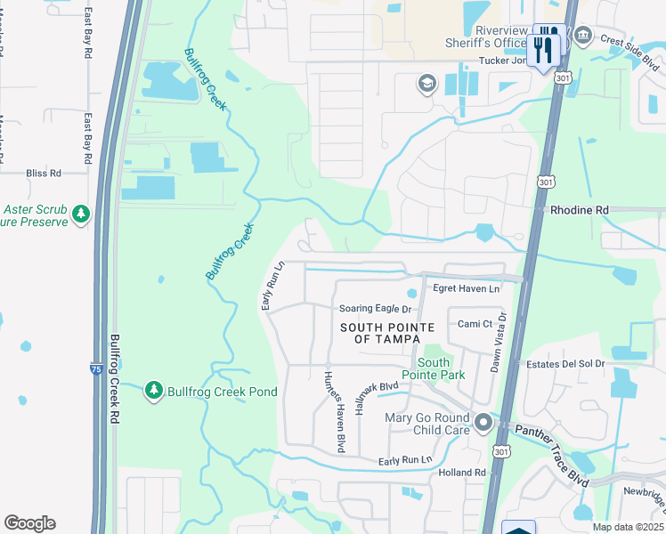 map of restaurants, bars, coffee shops, grocery stores, and more near 13219 Early Run Lane in Riverview