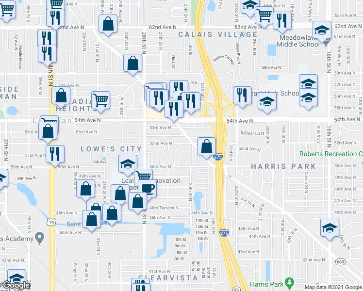 map of restaurants, bars, coffee shops, grocery stores, and more near 2500 52nd Avenue North in St. Petersburg