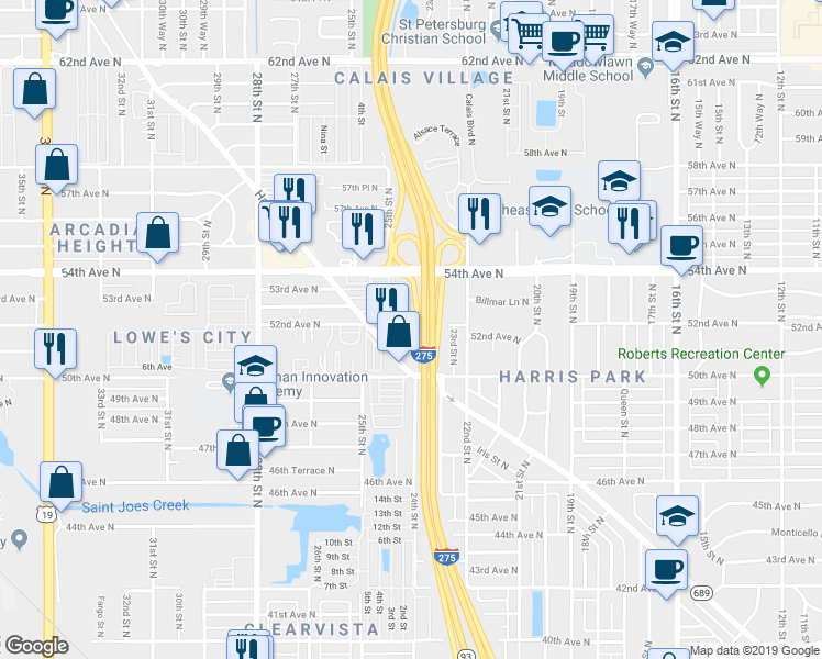 map of restaurants, bars, coffee shops, grocery stores, and more near 2401 51st Avenue North in Saint Petersburg