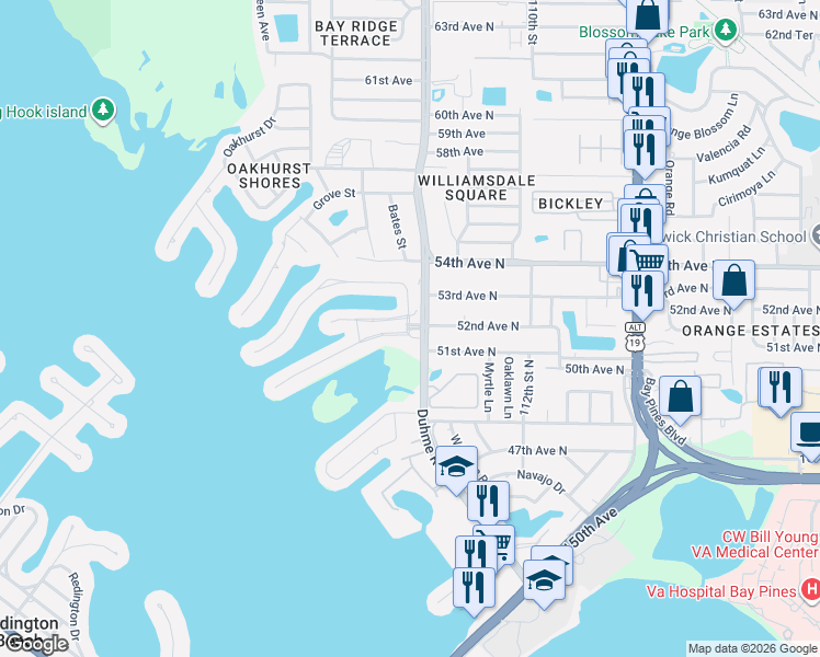 map of restaurants, bars, coffee shops, grocery stores, and more near 204 Boca Ciega Point Boulevard in St. Petersburg