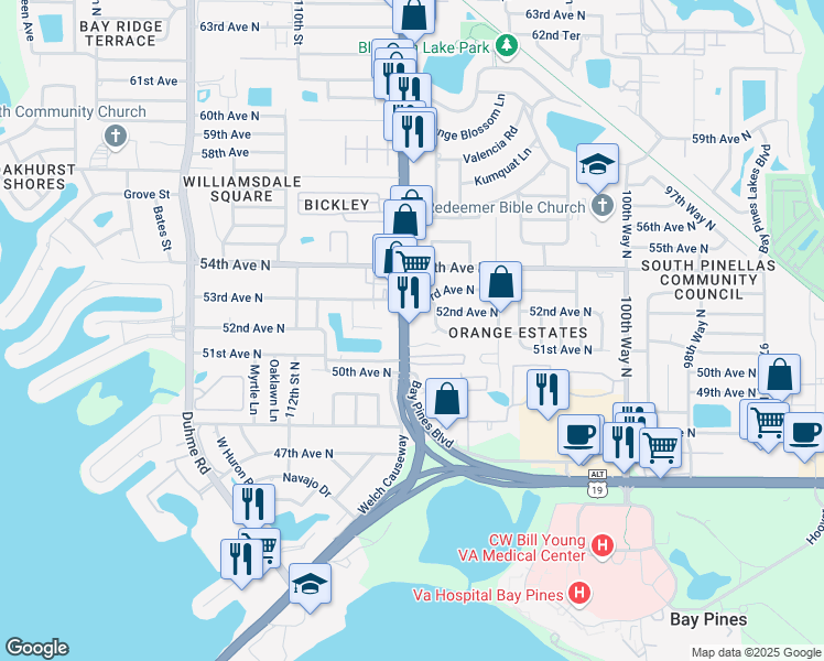 map of restaurants, bars, coffee shops, grocery stores, and more near 5139 Seminole Boulevard in St. Petersburg